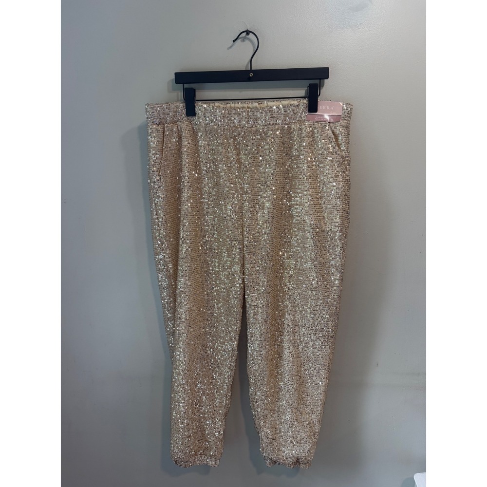 Serra Ladies Sequin Pull On Joggers Champagne Gold Festive Party Pants Size XL
